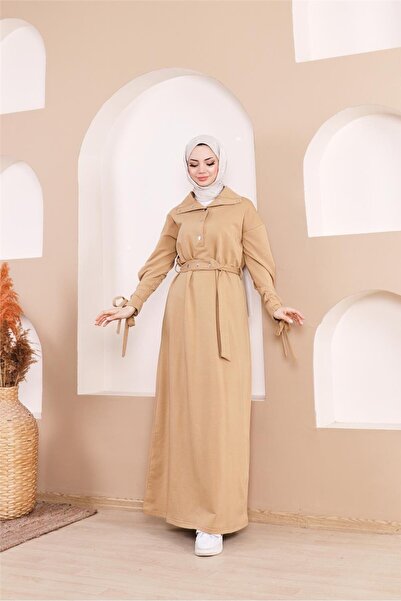 Bwest Μακρύ φόρεμα με λεπτομέρεια με κούμπωμα στη μέση και λωρίδες στα μανίκια - (38-46) - 71183 - Ψάθινο κίτρινο