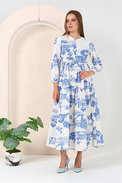 Bwest Patterned Linen Dress - Tree Blue - Bwest