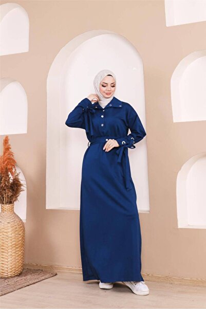 Bwest Μακρύ φόρεμα με λεπτομέρεια με κούμπωμα με κούμπωμα στη μέση - (38-46) - 71183 - Indigo