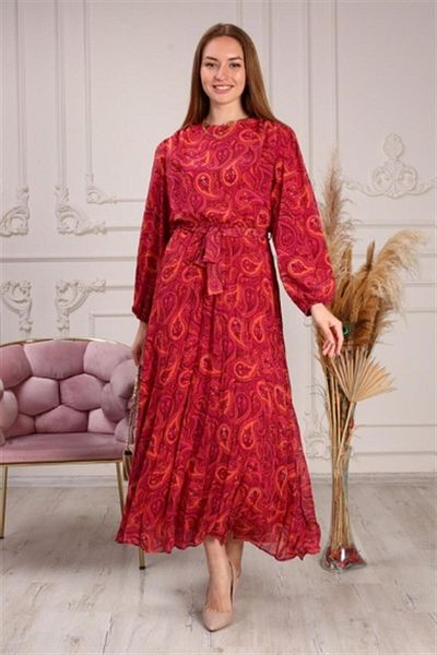 Bwest Fairy Patterned Long Chiffon Dress with Tie at the Waist - 07319.020 - Plum