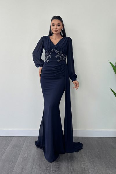 giyimmasalı Chiffon Fabric Bead Embroidered Evening Dress with Shawl Detail - Dark Blue