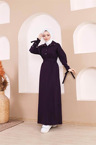 Bwest Μακρύ φόρεμα με λεπτομέρεια με ρίγες με κουμπωτά στη μέση - 71183.013 - Μωβ