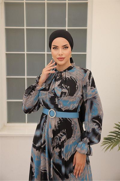 Bwest Black Print Buckle Belt Long Chiffon Dress - 50005.004 - Blue