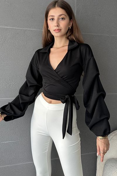 Fav Style Μαύρη μπλούζα με διπλό στήθος με λαιμόκοψη - μακρυμάνικη και δεμένη μέση