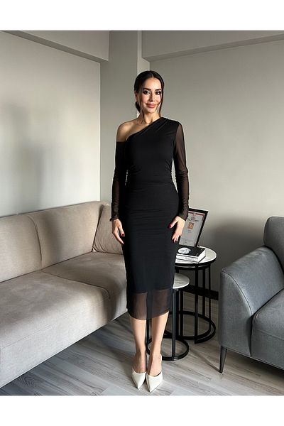 AB LOOKS Rochie de damă, cu un singur umăr, cu mânecă asimetrică, elastică, cu mânecă lungă, din tul, căptușită, rochie maxi din tul