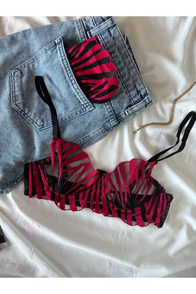 ROZENİN LINGERIE Christmas Gift Red Black Patterned Underwire Cupless Tulle Bra Set (Bra Tanga)