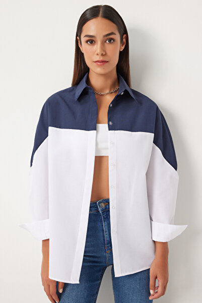 Lovelyİstanbul Μπλουζάκι Boyfriend Color Block Navy Blue White - Ldd0019