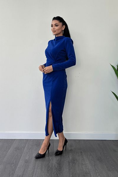 giyimmasalı Saks Blue - Glittery Crepe Pencil Dress with Twist Detail