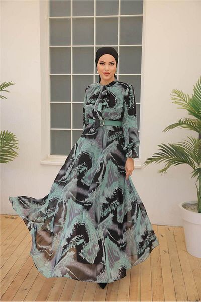 Bwest Black Print Buckle Belt Long Chiffon Dress - 50005.100 - Green