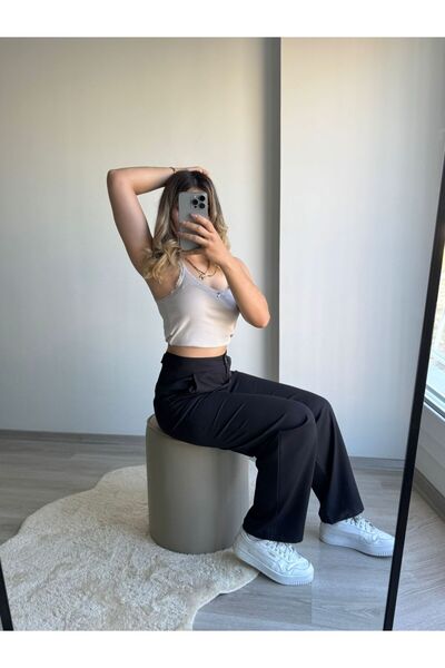 QİSSO Turtle Black Kms Baggy Talie Cataramă Pantaloni largi de damă cu talie înaltă