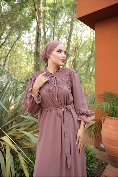 Bwest Long Chiffon Dress with Lace Detail on Waist and Neck Lace - 50019.048 - Onion