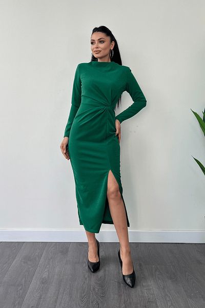 giyimmasalı Crepe Glitter Fabric Twist Detailed Pencil Dress - Emeral Green