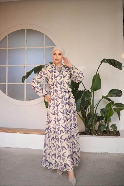 Bwest Φόρεμα σιφόν με μοτίβο φύλλων με κορδόνι στη μέση - 50009.013 - Μωβ