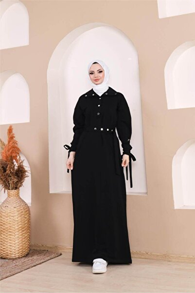 Bwest Μακρύ φόρεμα με λεπτομέρεια με κούμπωμα στη μέση και λωρίδα με μανίκια - (38-46) - 71183 - Μαύρο