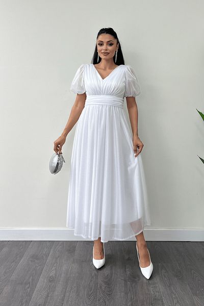 giyimmasalı Μίντι Φόρεμα από ύφασμα Lurex από τούλι με λεπτομέρεια - ΛΕΥΚΟ