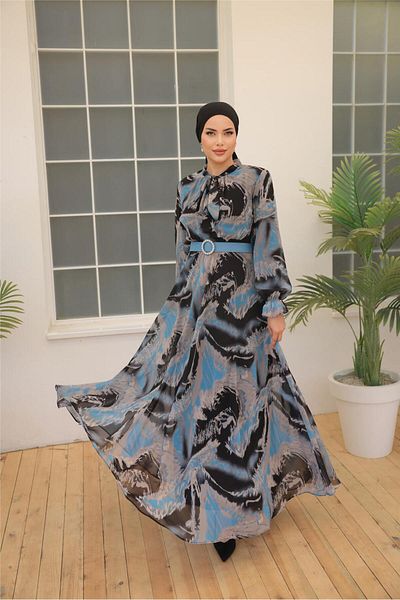 Bwest Black Print Buckle Belt Long Chiffon Dress - 50005.004 - Blue