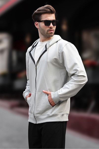 Madmext Gray Men's Cardigan 7070 - Hooded and Zippered