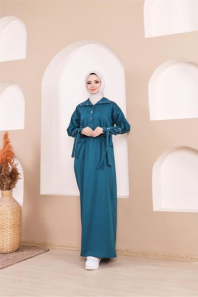 Bwest Waist Tied Long Dress with Snap Sleeve Stripe Detail - 71183.033 - Petrol