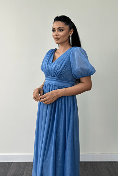 giyimmasalı Tylové třpytivé tkaniny Gather Detailed Midi šaty - Indigo