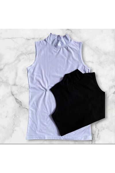 TRİYA FASHİON Turtleneck 2-Piece Black and White Color-Saving Product (Without Sleeves) Women's Body-Singlet