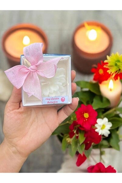 aralmini Pembe ve Mavi Seçenekli Keten Kurdeleli Beyaz Kutulu Lotus Mum Doğum...