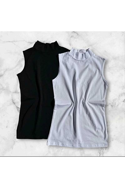 TRİYA FASHİON Turtleneck 2-Piece Black and White Color-Saving Product (Without Sleeves) Women's Body-Singlet