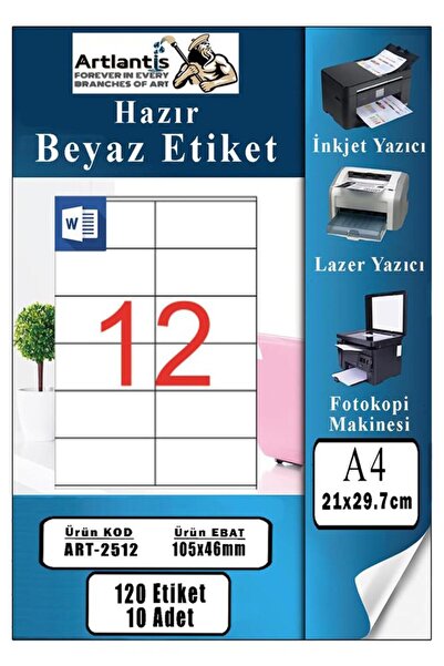 Artlantis Etichetă A4 gata formată 105x46 mm 10 coli 1 pachet cu 12 bucăți Hâ...