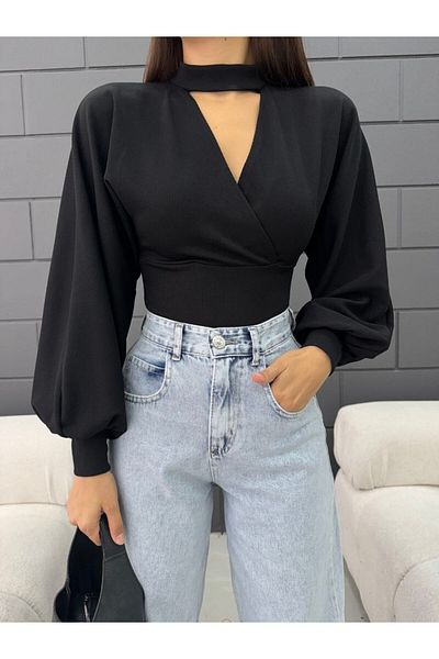 Fav Style Γυναικεία μπλούζα με διπλό στήθος λαιμόκοψη Λεπτομερής μπαλόνι μακρυμάνικη μπλούζα μαύρη