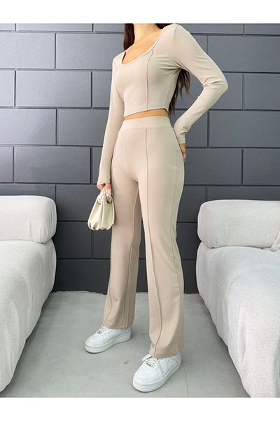 Fav Style U-Neck Long Sleeve Blouse and High Waist Pipe Leg Trousers - Beige Women's Bottom-Top Set