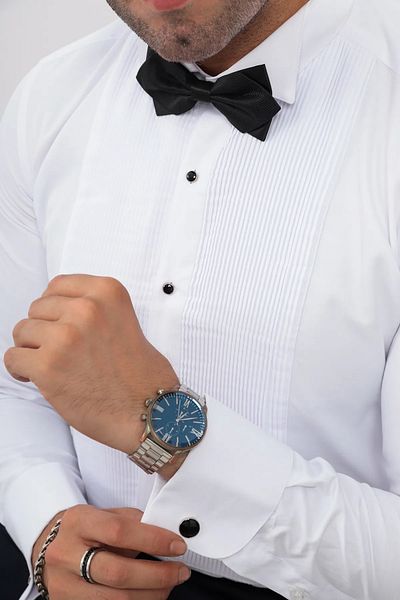 REMA STİL Slim Fit Long Sleeve Soft Satin Tuxedo Groom Men's Shirt with Gift Box - White