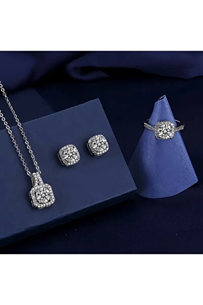 TNY Parlak Kübik Taşlarla Süslü Şık Lüks Takı Seti - Çivi Baget Küpe, Baget Kolye, Baget Yüzük