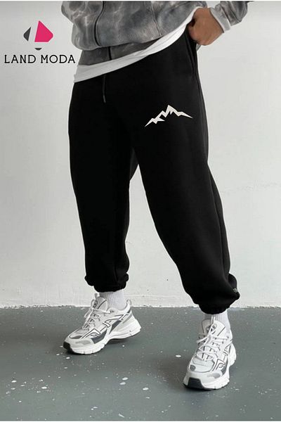 LAND MODA Μαύρο αθλητικό εμπριμέ ανδρικό παντελόνι Jogger - Slim Fit με ελαστικά πόδια και τσέπες