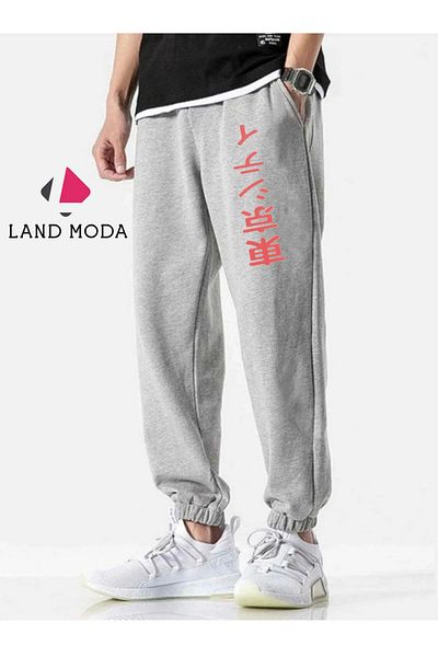 LAND MODA Ανδρικό γκρι αθλητικό εμπριμέ Slim Fit Jogger Sweatpants - με ελαστικά πόδια και τσέπες