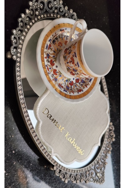 ORGANİKONSEPT (BEYAZ ÇERÇEVE) Söz & Nişan Tepsisi İçin Söz Mendili Damat Kahv...