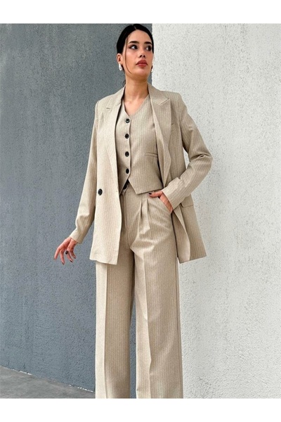 diaves Krem Çizgi Desenli Yelekli Blazer Ceket ve Palazo Pantolon Atlas Dokuma Kumaş Takım Elbise