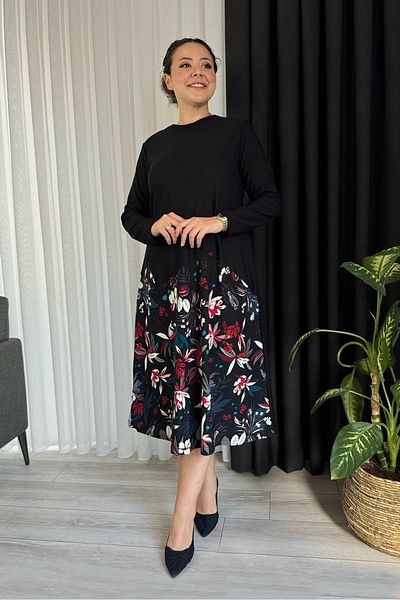RURIS Women's Floral Print Fragmented Garni Detail Crew Neck Back Plain Black Lycra Crepe Plus Size Dress