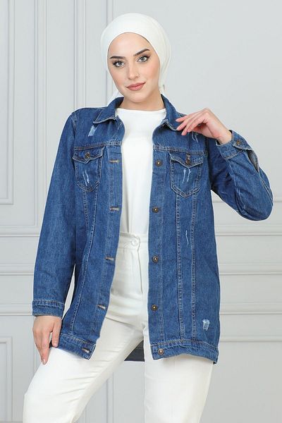 Modamihram Blaue Jeansjacke mit Laserdetail - 6097