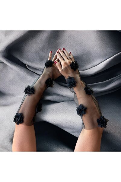 B Bukosh Siyah Tül Çiçekli Kostüm Eldiveni