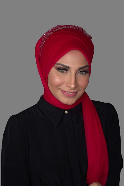 Elegance Scarf Ready Shawl Ready Turban 5-1 Snap Draped Luxury Dream Tulle Fabric Red