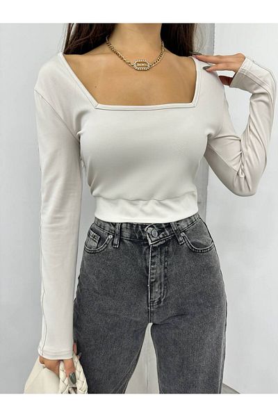 Fav Style Μπεζ Crop Μπλούζα - Μακρυμάνικη, Ριγέ τετράγωνη λαιμόκοψη