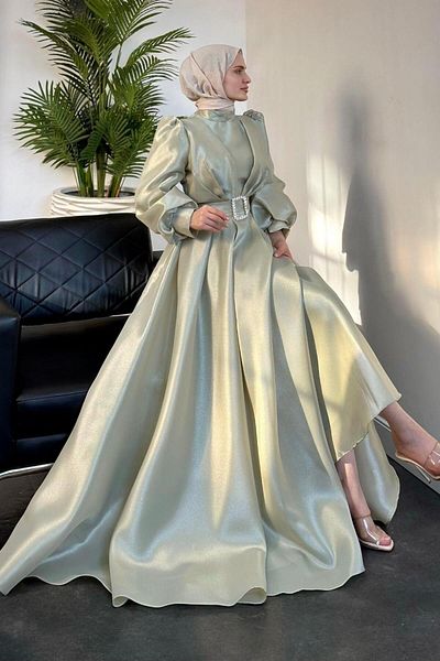 MERVEN AKYÜZ Βραδινό φόρεμα Water Green Cleopatra Taffeta
