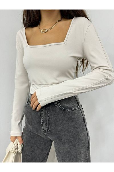 Fav Style Μπεζ Crop Μπλούζα - Μακρυμάνικη, Ριγέ τετράγωνη λαιμόκοψη