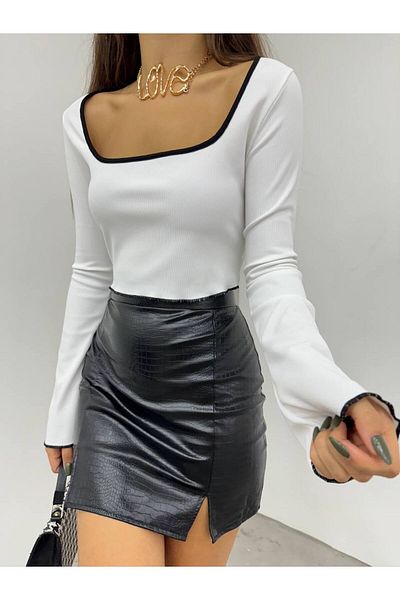 Fav Style Γυναικεία τετράγωνη λαιμόκοψη μακρυμάνικη μπλούζα Crop Λευκή
