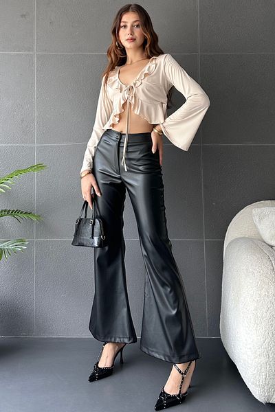 Fav Style High Waist Black Leather Women's Trousers - Spanish Leg