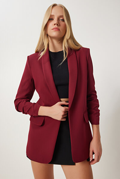 Lovelyİstanbul سترة بليزر منسوجة باللون العنابي - طوق شال وتفاصيل رباط LHL0001