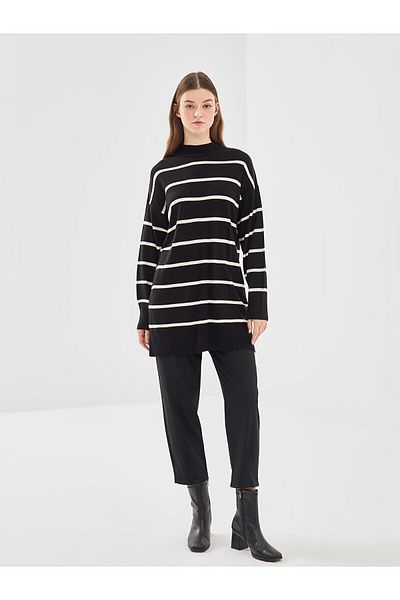 LC Waikiki Lcw Half Turtleneck Gestreifte Langarm-Strick-Tunika für Damen
