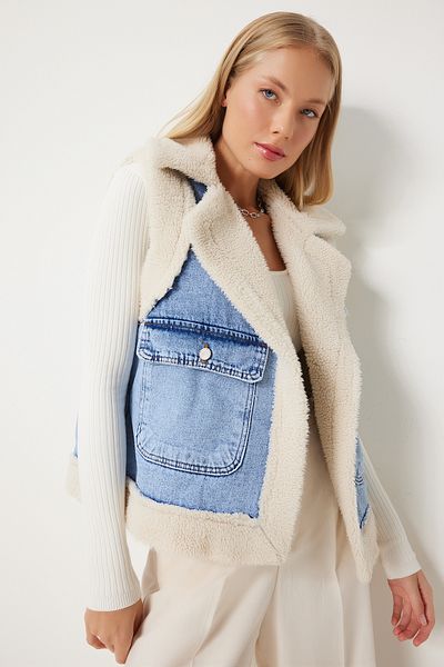 Lovelyİstanbul Vestă din denim - blană artificială, CREAM ALBASTRU, LNT0007