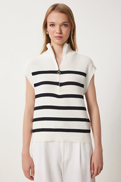 Lovelyİstanbul Striped Zippered Knitwear Sweater - Ecru Lus0039