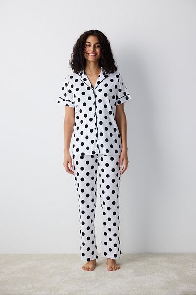 Penti Pantaloni cămașă cu glugă neagră din bumbac Set pijama albă
