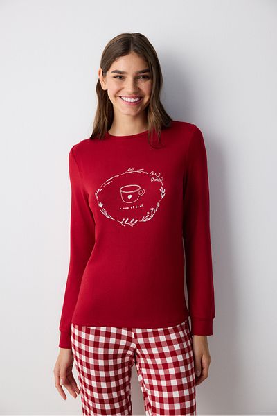 Penti Coffee Time Red Thermal Trousers Pajama Set